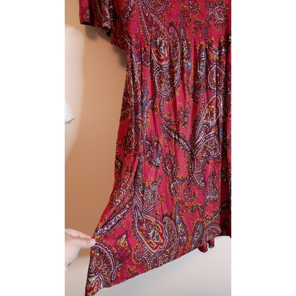 Fat Face Paisley Jersey Dress Cherry Red Size 4 NWT Smocked Pockets Boho Casual - Picture 6 of 13